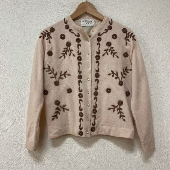 Vintage 1950s Timming Flower Beaded Cardigan Sweater Silk Linning Sz Small - Picture 1 of 4